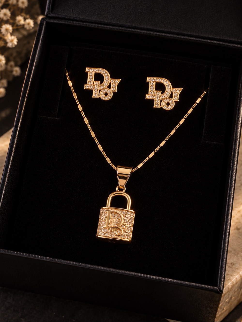 Gold filledPadlock Pendant Necklace and Logo Stud Earrings - Classic Gold Finish